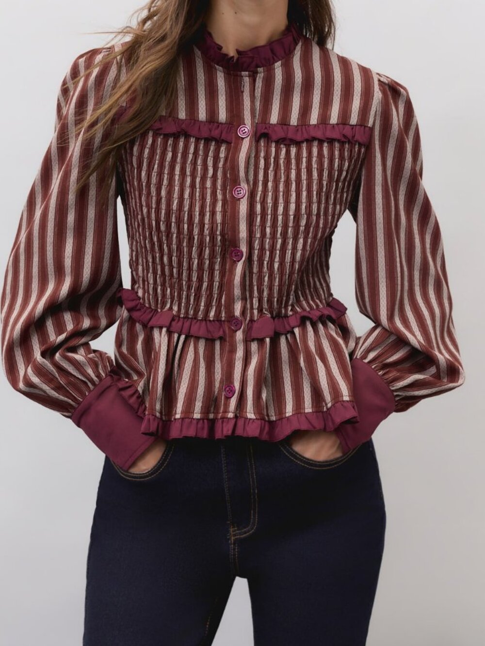 Burgundy Elegant Women's Striped Bishop Sleeve Flared Hem Shirt Top